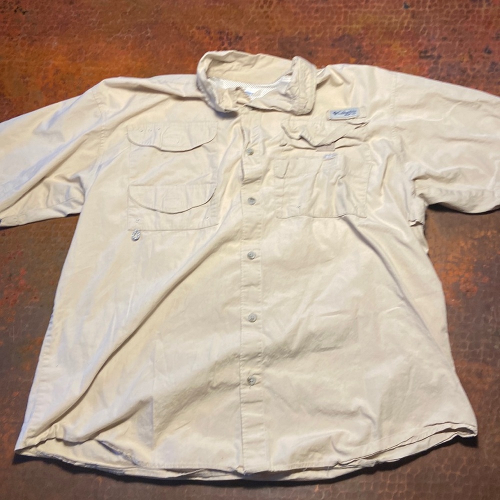 Columbia x PFG Large Cream Short-Sleeve Button-Down Netted Shirt